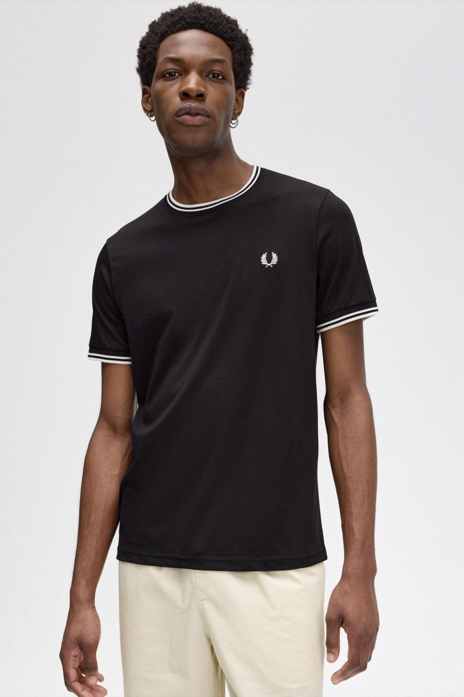 Camiseta Negra Fred Perry Ribete blanco para Hombre