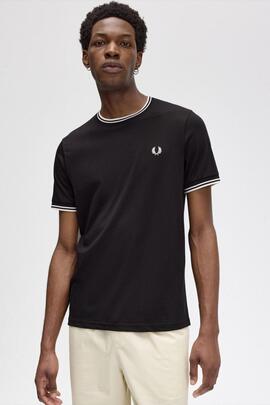 Camiseta Negra Fred Perry Ribete blanco para Hombre